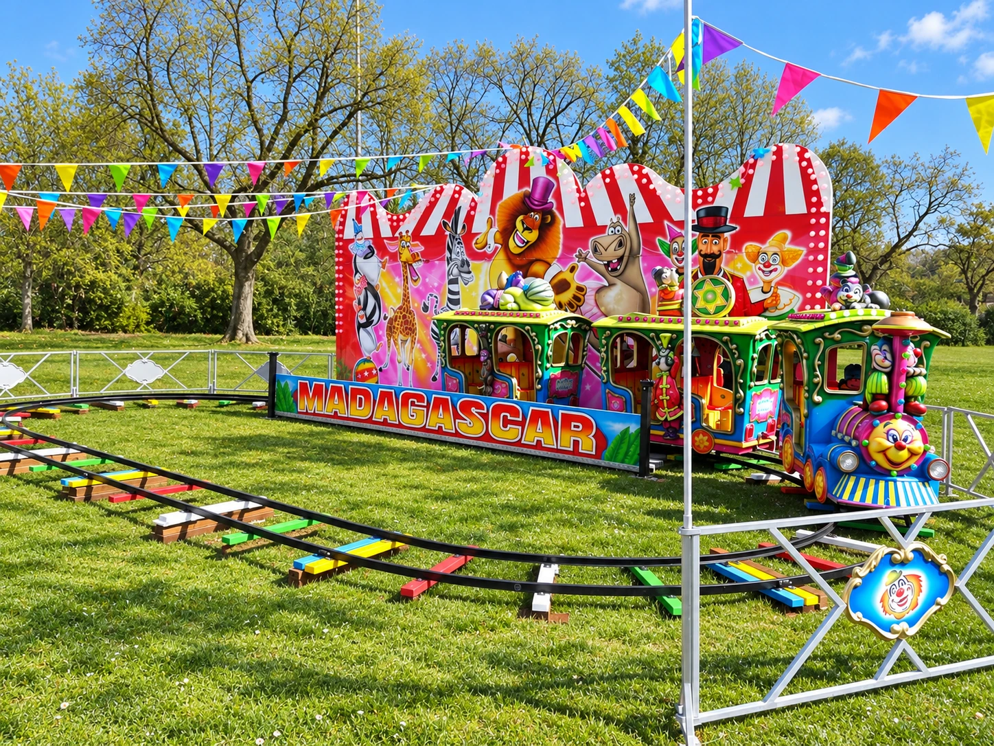 Die Kindereisenbahn Madagaskar Express mit Lokomotive, zwei bunten Personenwagen und Zirkusfassade