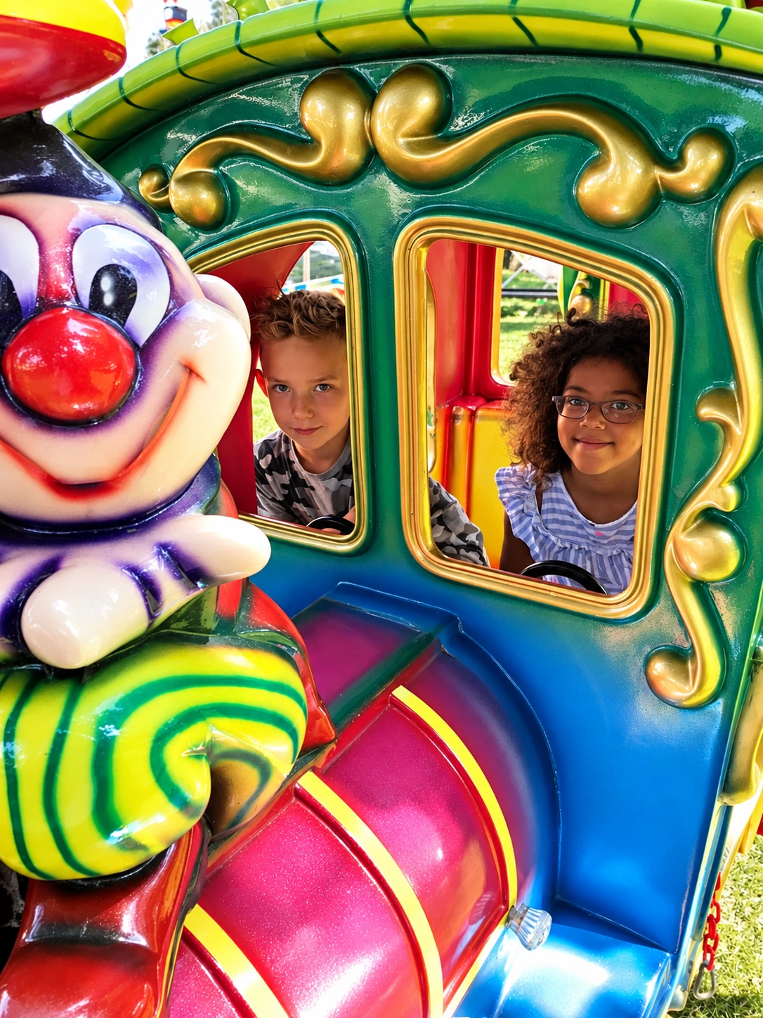 Zwei junge Fahrgäste im grünen Wagen der Kindereisenbahn